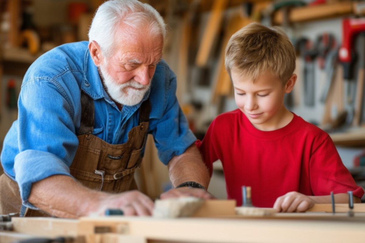 Der Großvater und sein Enkel arbeiten an einer Holzkiste mit traditionellem Handwerk. Die Werkstatt ist voller Werkzeuge und Materialien. Großvater hält einen Hammer und der Enkel eine Säge.
